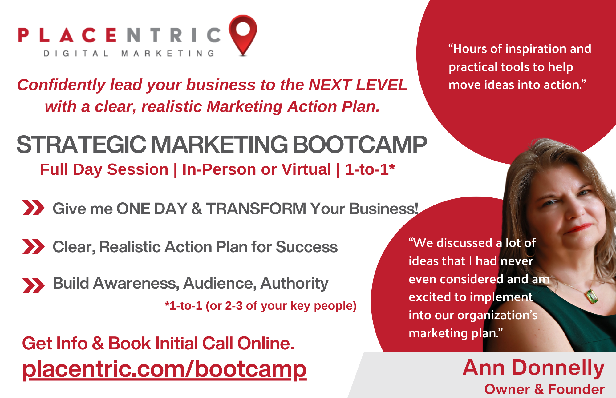 Confidently lead your business to the next level with a clear, realistic Marketing Action Plan. Strategic Marketing Bootcamp.