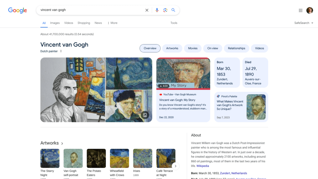 Google Search Results Page Showing SERP Features for a search on Vincent Van Gogh